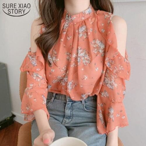 2021 Elegant Loose Office Lady Tops Print Summer Chiffon Blouses Fashion Off Shoulder Tops Women Blusas Mujer De Moda 9931