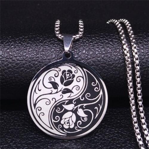 AFAWA Yin Yang Gossip Roses Stainless Steel Statement Necklace for Women/Men Silver Color Necklace Jewelry collar mujer N4004S03