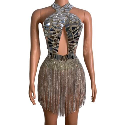 Flashing Silver Mirror Rhinestone Fringes Dress Prom Birthday Celebrate Outfit Transparent Costume Women Chain Short Dress