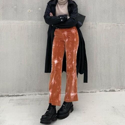 Orange Tie Dye Print Casual Panst Women Harajuku High Waist Straight Trousers Ladies Streetwear Fashion Flare Pants