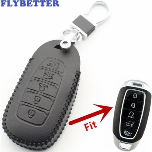 FLYBETTER Genuine Leather 5Button Smart Key Case Cover For Hyundai/KONA/Encino/Solaris/Azera/Grandeur/Accent/Santa Fe L596