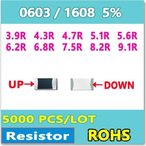 JASNPROSMA 0603 5% 5000pcs 3.9R 4.3R 4.7R 5.1R 5.6R 6.2R 6.8R 7.5R 8.2R 9.1R smd 1608 high quality 3R9 4R3 5R1 6R2 OHM Resistor