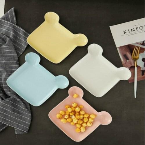 2 Pcs Cute little bear ceramic Western childrens breakfast plate rice fruit snack plate 7-inch colorful dinner plates