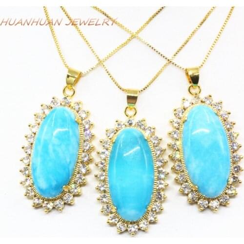 New Arrival Blue Natural Stone Pendant Lucky Amulet Chain For Women Necklace & Pendants 24x42mm Chalcedony Jades Jewelry B3312