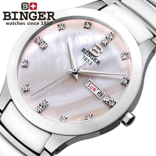 Switzerland Binger Space ceramic mens watch fashion quartz clock rhinestone Lovers watches 100M Water Resistance B-8007-5