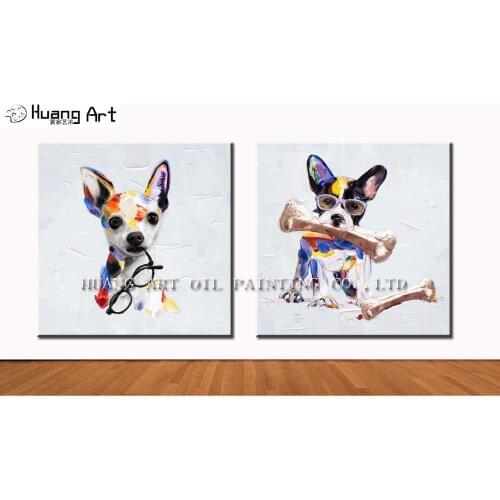 High Quality Hand Painted Modern Art Colourful Animal Lovely Puppy Dog 100% Handmade Oil Painting For Living Room Decor