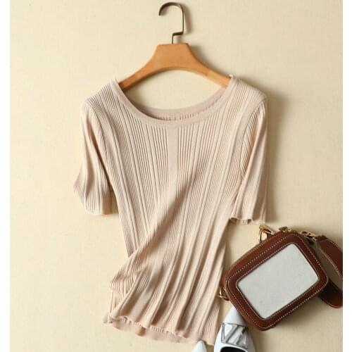 Short-Sleeved Knitted Solid Women T-Shirts Summer New 2021 Elastic Elegant Causal Female Pulls Outwear Tops Tees