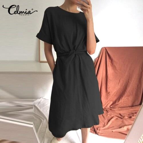 Celmia Women Cotton Short Sleeve Twisted Waist Midi Dress Summer Casual Loose Pocket Elegant Office Lady Slim Vestidos