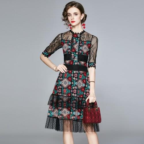 High Quality Luxury Floral Embroidery Lace Dress Festa 2021 Summer Office Ladies Short Sleeve Patchwork Dot Mesh Party Dress