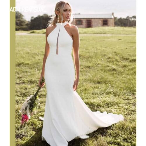 Newest Wedding Dress Sheath Halter Neckline White Long Open-Back Sleeveless Plus Sizes Bride Gown 2021 Vestidos De Novia
