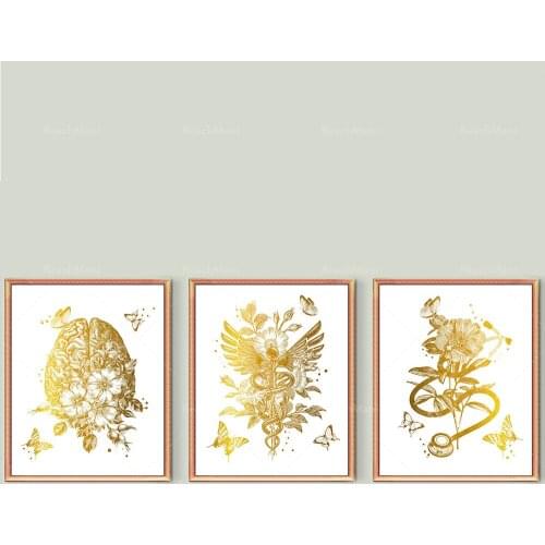 Gold Anatomy and Flowers Prints Anatomical Brain Poster Gold Caduceus Print Stethoscope Art Medical Decor Clinic Art Nurse Gift