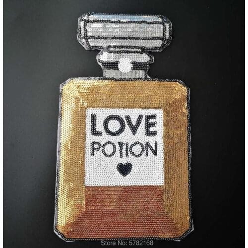 1Pc/14X24.5cmGold Perfume Bottle Applique Clothing Embroidery Patch Fabric Sticker Iron On Patch Craft Sewing Repair for Dress