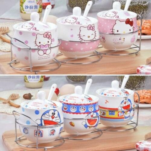 3pcs/set Kitty Cat Seasoning Jar with Iron Stand and Spoons Ceramic Spice Rack Organizer Doraemon Spice Jars Set Cute Canister