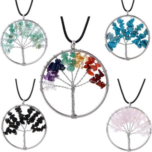 7 Chakra Tree Of Life Pendant Necklace Copper Crystal Natural Stone Necklace Quartz Stones Pendants Women Pendants Reiki Jewelry