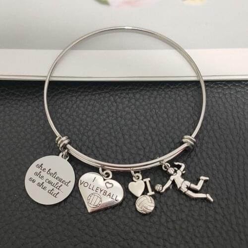 Stainless Steel I Love Volleyball Wire Bangle She Believed She Could Inspiration Jewelry Gift School Charms DIY Girls Bracelets