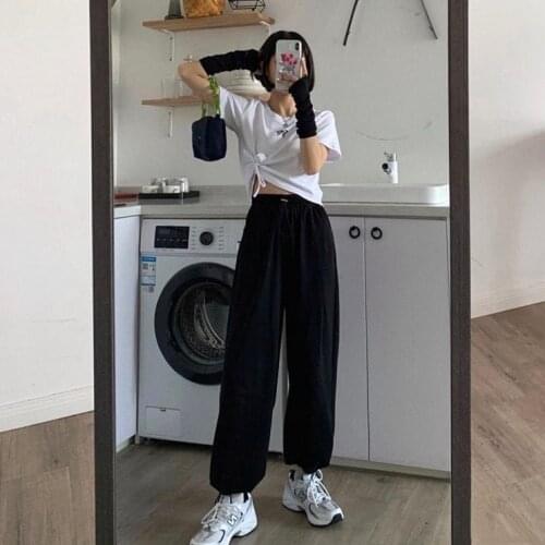 Women Pants Korean Harajuku Hip Hop Streetwear Pants Leisure Fashion Chic Elastic Solid Color High Waist Drawstring Trousers
