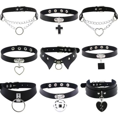 DIEZI Sexy Harajuku Black PU Leather Round Heart Ball Chain Pendant Necklace For Women Men Punk Gothic Choker Statement Necklace