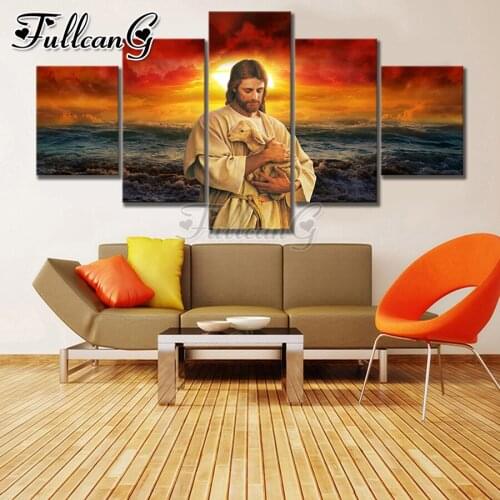 FULLCANG Religious Jesus Lamb Sunset 5 piece diy diamond painting full square round drill mosaic embroidery sale decor FC2466