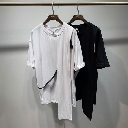 Summer original Yamamoto style irregular ribbon splicing designer loose t-shirt mens Harajuku style simple light T-shirt