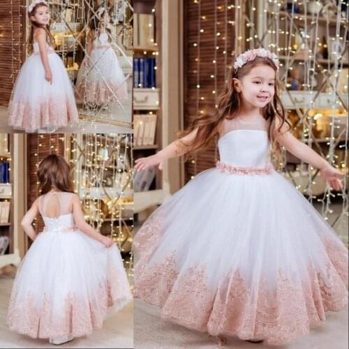 Cute ball gowns Appliques Lace Flower Girls Dresses Jewel Neck Ankle Length lace-up Girls Pageant dress Kids Princess Gowns