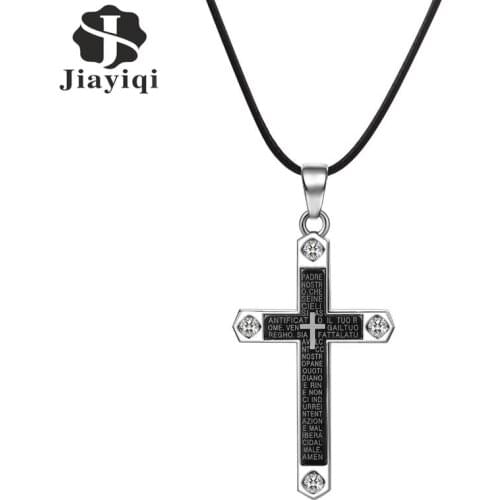 Jiayiqi Trendy Men Jewelry Cross Necklaces Black Pendant Leather PU Rope With Decoration Classic 45CM Length Chain