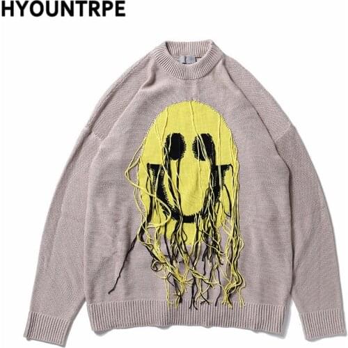 Fashion Smile Face Tassel Knitted Sweater Pullovers Men Fashion Long Sleeve Loose Sweaters Autumn Winter Cotton Jumper Knitwear