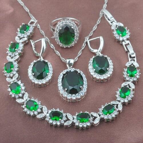 2020 New Silver Plated Womens Wedding Jewelry Sets Oval Green Zirconia Bracelet Necklace Pendant Earrings Ring YZ0458