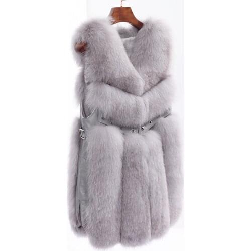 2019 New Natural Fox Fur Vests Long Real Fox Fur Gilets Winter Waistcoats with Genuine Leather Rivet European Women Fur Jackets