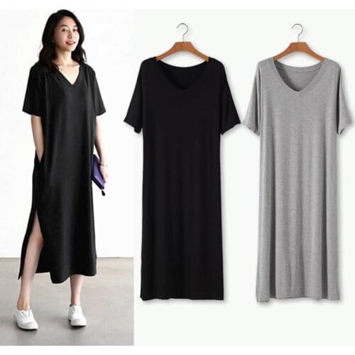 Modal Cotton Dresses v-neck Women Short Sleeve Dresses Casual Pocket Loose Dresses Female Plus Size Dress Fashion Clothing slit