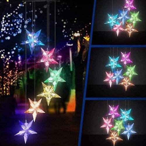 Solar Power Wind Chime Lamps Star Moon Color Changing Pendant Light Waterproof Outdoor Hanging Decoration Lights For Garden Yard