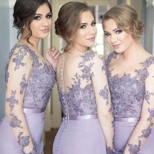 Light Purple Bridesmaid Dresses Plus Size Appliques Jewel Neck Sheer Long Sleeves Bridal Guest Mermaid Gowns Vestido púrpura
