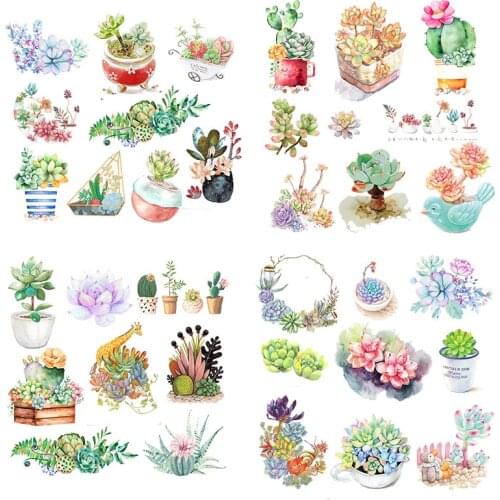 Iron On patches Cartoon cactus set Heat transfer Stickers On Fabric Flower Stripes Badge Applique Thermo Transfers For Clothes