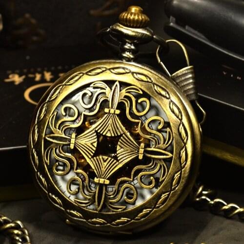 TIEDAN Steampunk Skeleton Mechanical Pocket Watches Men Antique Luxury Brand Hand Wind Necklace Pocket & Fob Watch Chain Bronz
