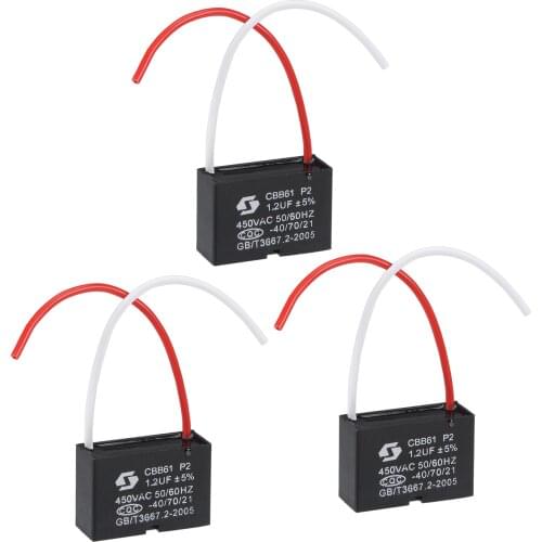 Uxcell Ceiling Fan Capacitor CBB61 1.2uF 450V AC 2 Wires Metallized Polypropylene Film Capacitor 38x26x15mm 3Pcs