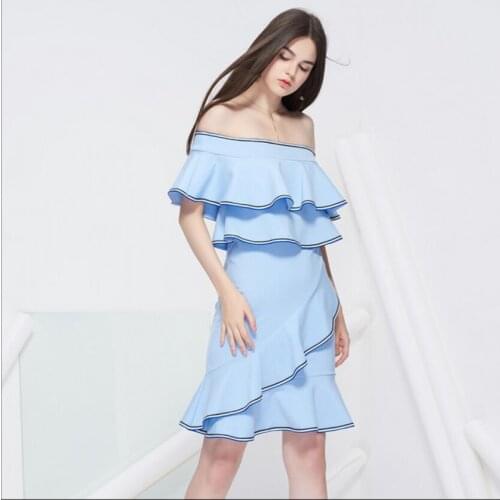Girl Party Dress Short Slash Neck Elegant Sexy Off-shoulder Ruffles Sky Blue Club Fishtail Dress High Quality Free Shipping