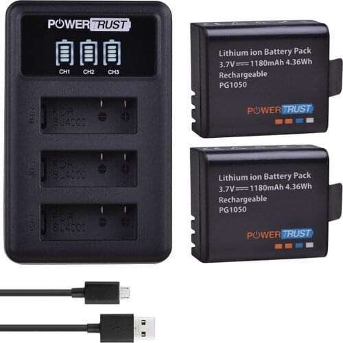 PowerTrust 2x PG1050 Battery + LED 3Slots USB Charger For SJCAM SJ4000 M10 SJ5000 SJ5000X For EKEN H9 H9R H8R H8 GIT PG900