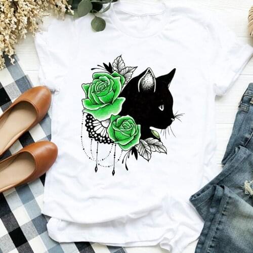 Women Lady Cartoon Cat Floral Flower Pet Trend Fashion Print Tshirt Shirt Clothes Top Graphic Female T Tee Womens T-shirt