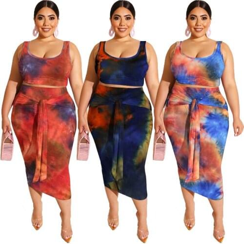 XL-5XL Painted Two-Piece Skirt Large Size Womens Suspender Sleeveless Top And Skirt With Straps Sexy Trend Skirt Suit 2021 New