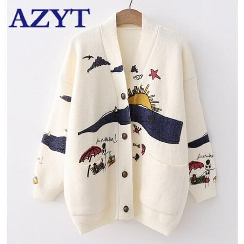 AZYT Cartoon Print Knitted Cardigan womens Jacket 2020 Autumn Korean Loose V Neck Sweater Coat Front Pocket Womens Cardigans