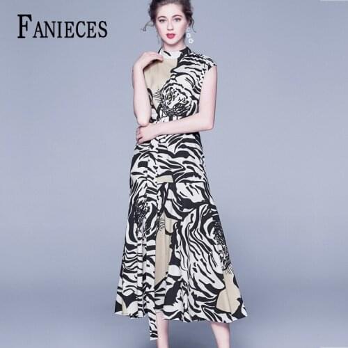2021 Fashion Office Lady Runway Summer Autumn Tank Dresses Women Sleeveless Tiger Print Elegant Midi Vintage A-Line Dress