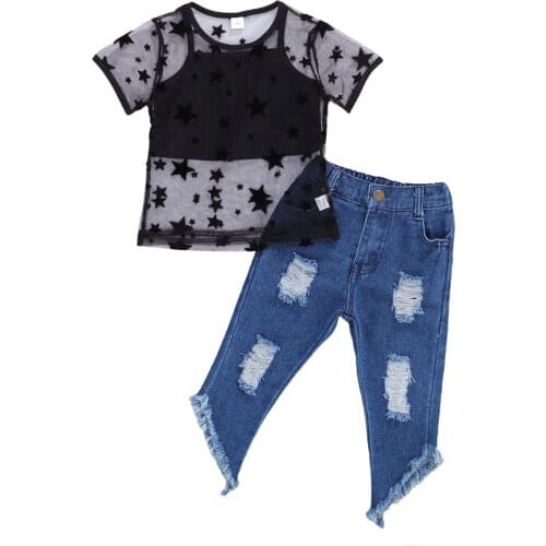 1-6Years Toddler Kids Baby Girls Clothes Sets Vest Denim Ripped Pants Suits Star Mesh T-Shirt Strap Fashion Girls Clothes Summer