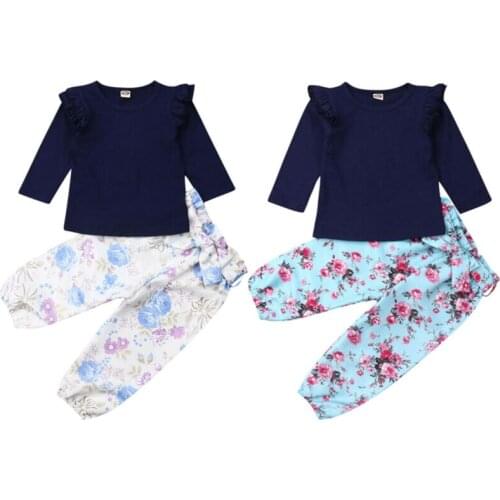 Toddler Kids Baby Girl Long Sleeve Solid Tops Shirt+ Flower Pants 2pcs Children Outfit Sets Size 1-5Y