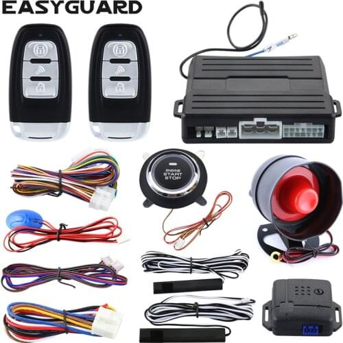 Easyguard PKE car alarm system remote lock unlock remote engine start push button start stop remote trunk release shock alarm