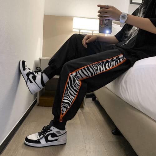Thin Beamed Harem Pants Men Casual Sports Pants Stitching Retro Zebra Striped Nine-point Pants Side Zipper Guard Trousers Summer