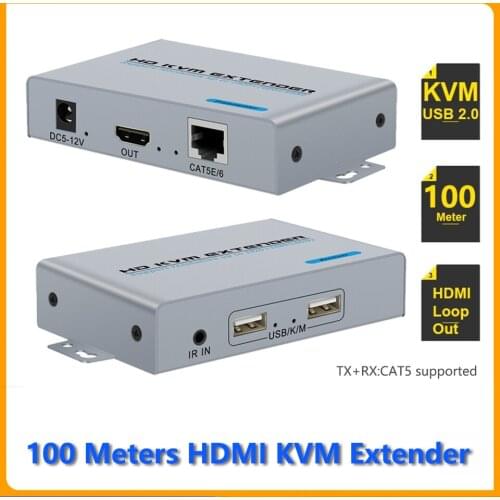 HDMI KVM USB Extender 1080P Over Cat5e/6 Ethernet Cable 100m (330ft) for Mouse and Keyboard Control Remote Signals