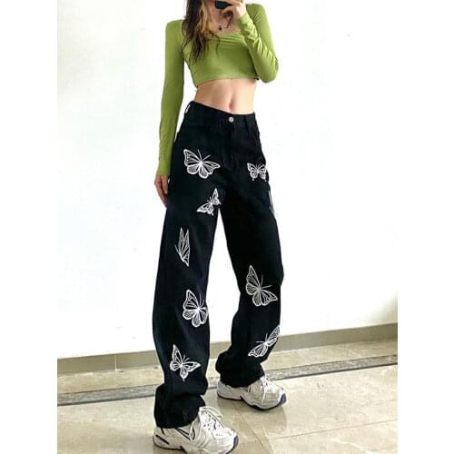 HOUZHOU Y2K Butterfly Print Black Women Jeans Pants Vintage Streetwear Oversize Low Waist Wide Leg Trousers Loose E Girl Cowboy