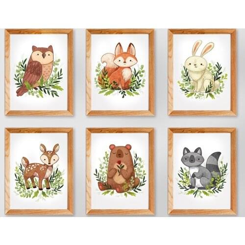 Animal Prints Set of 6 Pictures Gender Neutral Flower With Crowns Woodland Nursery Art No Frame Wall Painting