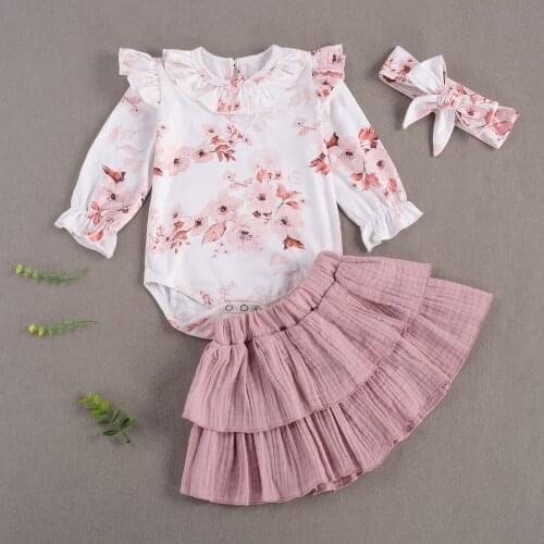 Pudcoco Newborn Baby Girl Clothes Flower Print Long Sleeve Falbala Romper Solid Color Pleated Bubble Skirt Headband 3Pcs Fashion