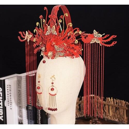 Brides Chinese style red phoenix tassel hair crown wedding elegant ancient Head piece bride Wedding dress' headdress set