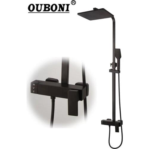 OUBONI Matte Black Shower Set Wall Mount Rainfall 8 Inch Round Head 2 Ways Bathroom Bathtub Shower Faucet Set Mixer Taps